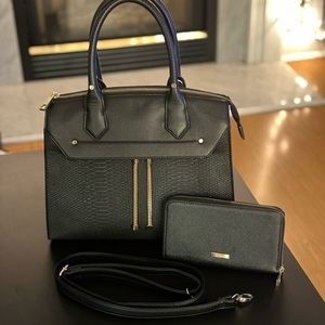 ALDO Black BISON Satchel FAUX LEATHER PYTHON EMBOSSED Gold Tassel Shoulder Bag